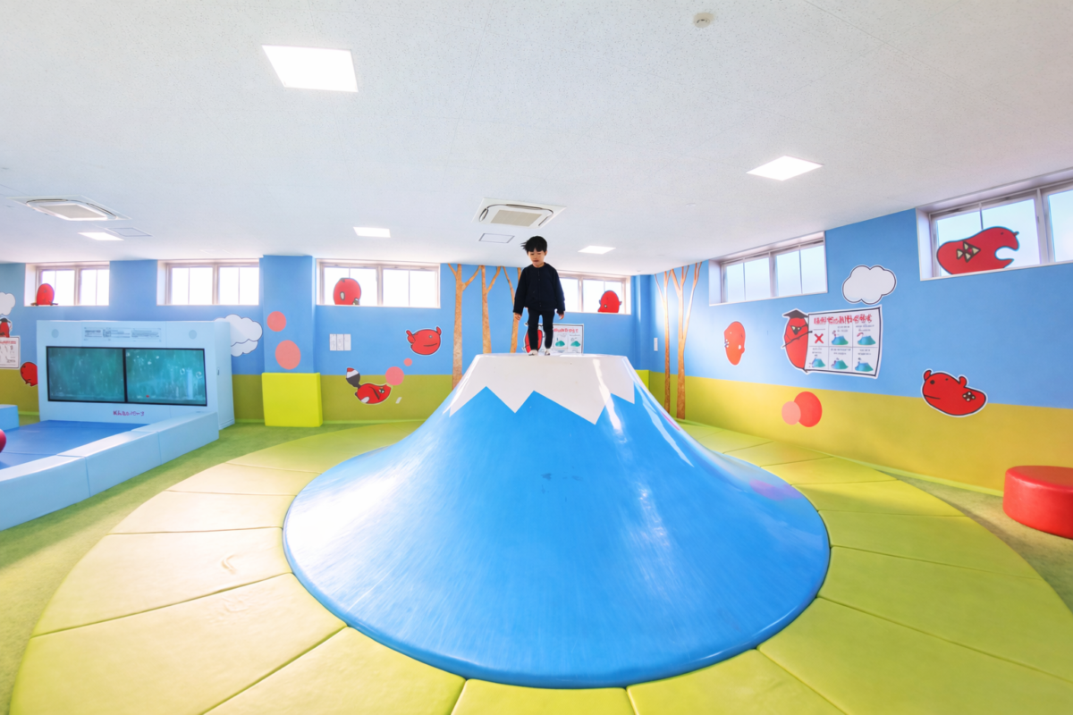 めんたいパーク伊豆の屋内遊び場で富士山型すべり台を楽しむ子ども。明るい室内で安全なクッション床が特徴。