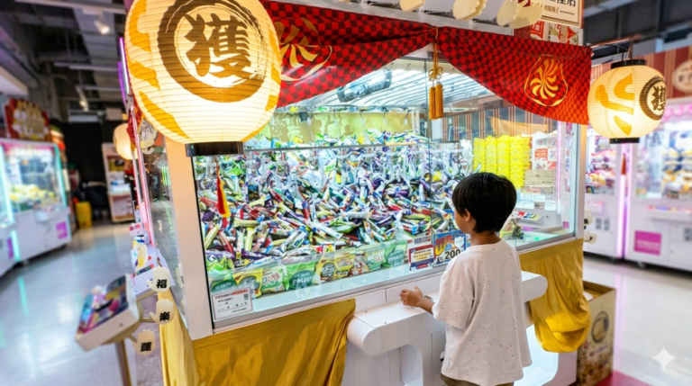 サープラ横浜あそびタウン（ノースポート・モール）で、踏み台の上に立ちながら真剣な表情で10円クレーンゲーム機（十手観音）に挑戦する男の子。