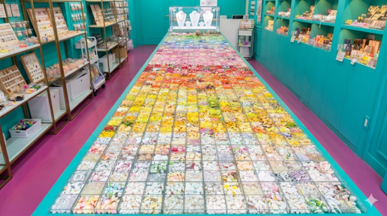 デコパニック店舗の虹色ミニチュアパーツ棚と明るいインテリア