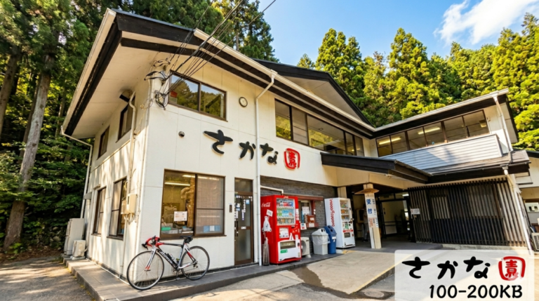 さかな園の入り口風景と青空、家族連れにおすすめの釣り堀スポット